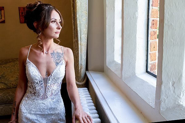 lBridal portrait inside Leez Priory wedding venue